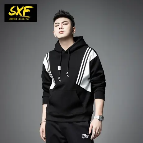 SXF圣希连帽卫衣男 2023冬季新潮牌款拼接宽松上衣套头衫外套男士商品大图