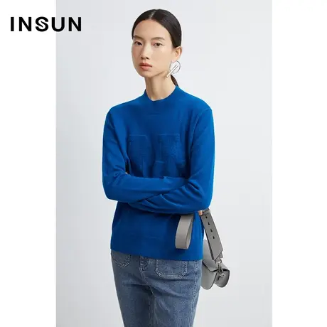 INSUN恩裳冬季几何艺术羊毛机能蓝毛织衫图片