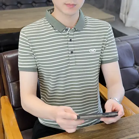 夏季潮流条纹男士短袖体恤纯棉衣服polo衫翻领半袖t恤冰丝保罗衫商品大图