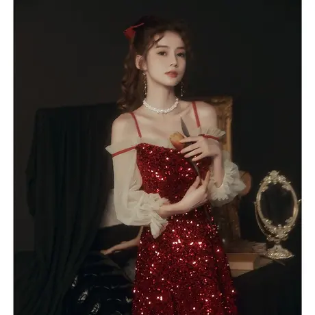 敬酒服酒红色晚礼服女2023新款新娘结婚中长款长袖仙气亮片连衣裙图片