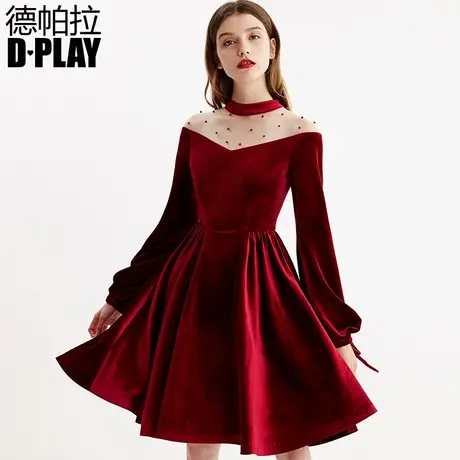DPLAY德帕拉秋冬新款酒红色圣诞礼服裙网纱拼接ins丝绒女士连衣裙商品大图