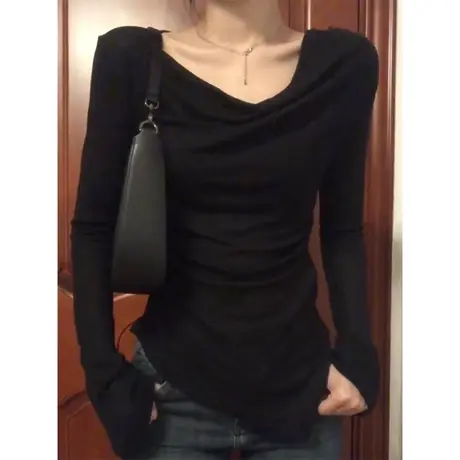 甜飒风辣妹褶皱修身上衣女春装2024新款韩版时髦百搭长袖T恤ins潮图片