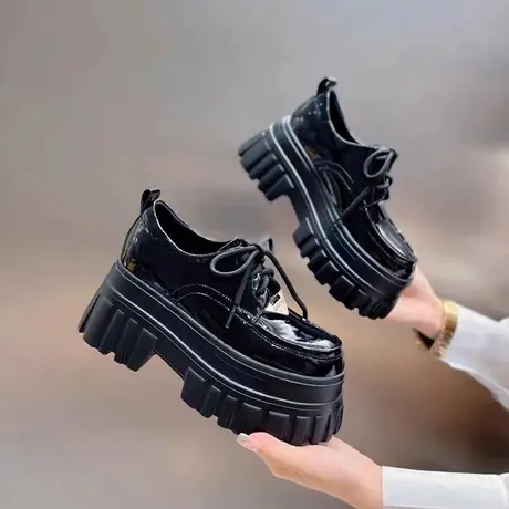 厚底高跟小皮鞋女2024春新款英伦风黑色系带单鞋小个子内增高女鞋商品大图