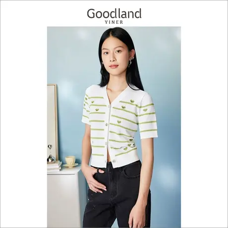 Goodland美地女装2023夏季V领拼色提花金属饰扣针织衫开衫商品大图