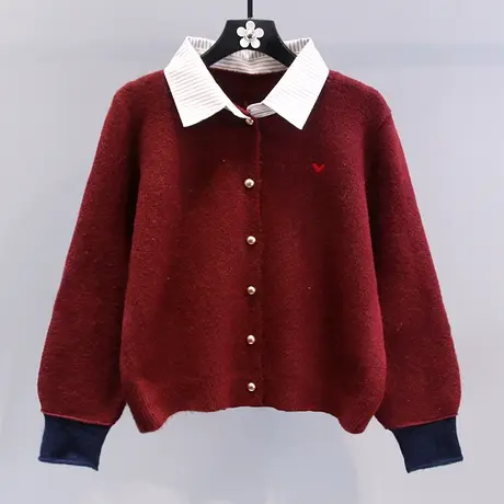 衬衫领拼接假两件红色毛衣外套女冬季2024新款宽松高级感针织开衫商品大图