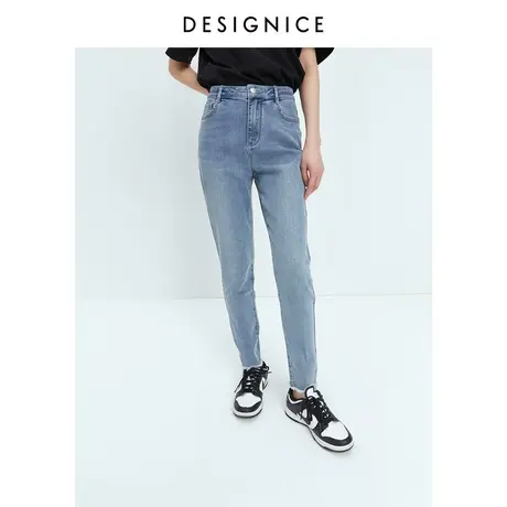 迪赛尼斯夏季新款高腰铅笔磨毛设计感通勤蜜桃修身小脚牛仔裤女商品大图