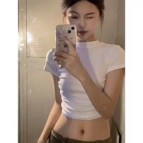 纯棉正肩短袖t恤女夏季修身显瘦独特别致小众设计感短款露脐上衣商品大图
