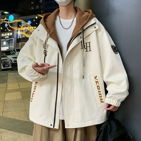 假两件外套男春季2024新款潮牌连帽夹克男春秋宽松休闲青少年上衣图片