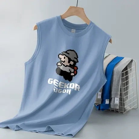 纯棉背心男潮夏季运动坎肩像素印花全棉宽肩无袖t恤跨栏健身篮球商品大图