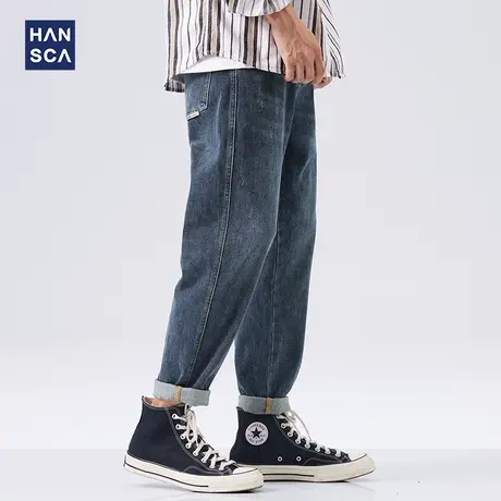 hansca蓝色牛仔裤男宽松直筒秋季新款韩版潮流百搭复古大码哈伦裤商品大图