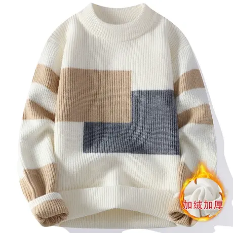 撞色毛衣男冬季加绒加厚潮牌针织衫男宽松高级感慵懒冬天保暖线衣商品大图