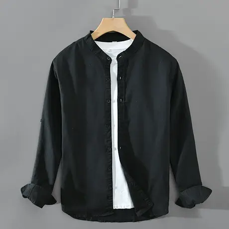 棉麻休闲衬衫男白色衬衣男士立领春季长袖高级感亚麻宽松外套内搭图片