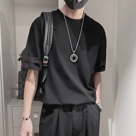 夏季T恤纯色简约设计感圆领短袖上衣2024新款百搭休闲半截袖体恤商品大图