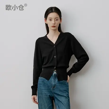 【直播间专享】前开叉针织衫  柔软亲肤黑色圆领长袖针织开衫商品大图