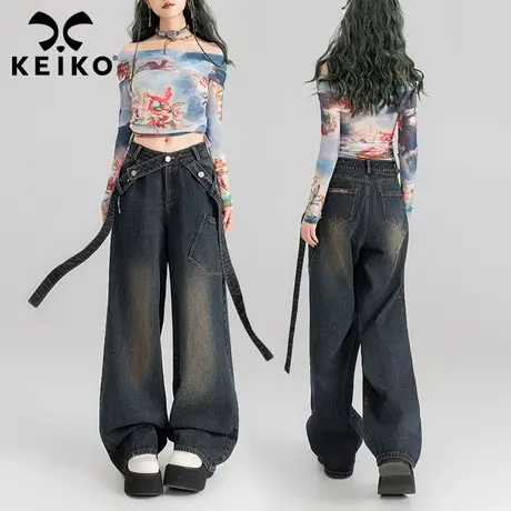 KEIKO 飘带饰直筒牛仔裤女2024春夏复古辣妹高腰宽松显瘦阔腿长裤图片