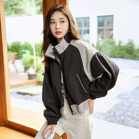时尚气质秋款长袖2023年秋季新款女装工装风立领撞色常规款外套商品大图