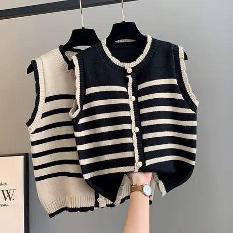甜美气质小清新时尚波浪边金属扣设计条纹针织马甲背心女无袖开衫商品大图