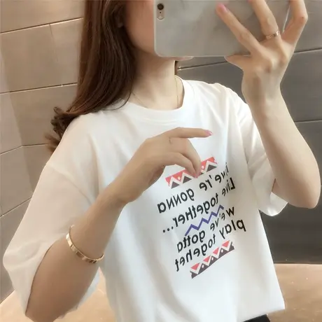 2023夏季新款韩版宽松简约字母百搭学生女上衣女士T恤圆领半袖潮商品大图