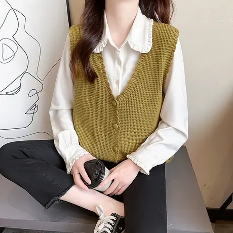 华夫格针织马甲背心女秋季新款2023学院风叠穿女士毛衣开衫马夹商品大图