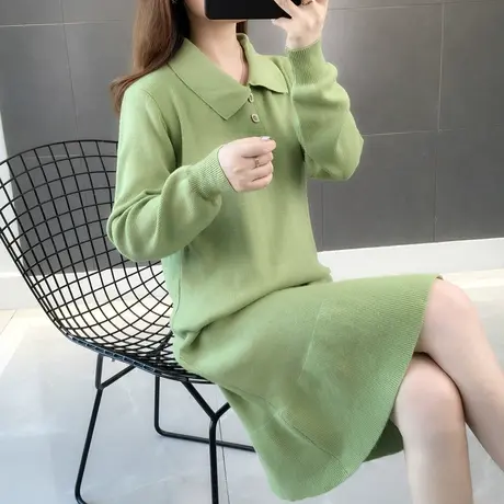 中长款针织衫春秋季新款打底衫秋冬polo连衣裙牛油果绿毛衣裙图片