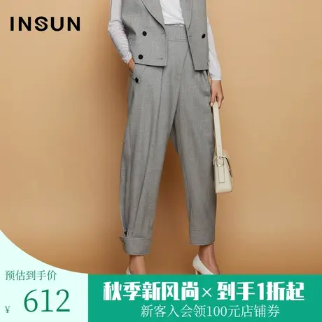 恩裳春秋季设计师联名款都市摩登绵羊毛灰色宽松收脚西裤女图片