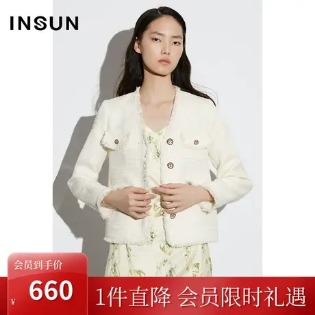 [触感香风]恩裳COVER2023春款新款色织粗花呢亮丝手工拉毛须外套商品大图