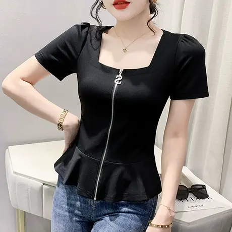 时尚方领T恤女短袖欧货设计感拉链开衫上衣气质泡泡袖小衫夏装潮图片