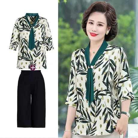 中老年女装夏季雪纺阔腿裤印花洋气t恤衬衫上衣中袖大码妈妈套装图片