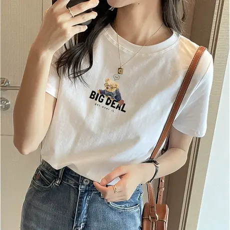短袖t恤女2023新款夏装潮牌小熊半袖纯棉体恤打底衫白色内搭上衣商品大图