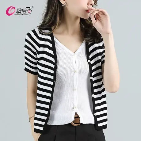 歌倍尚针织开衫黑白条纹短袖t恤女2022夏季新款假两件v领修身上衣商品大图