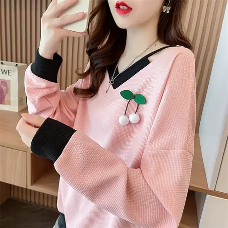 早秋华夫格卫衣女春秋季韩版宽松大码薄款撞色v领假两件上衣外套商品大图