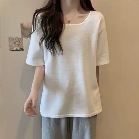 纯色简约短袖T恤女夏季2023新款宽松显瘦洋气百搭华夫格方领上衣商品大图