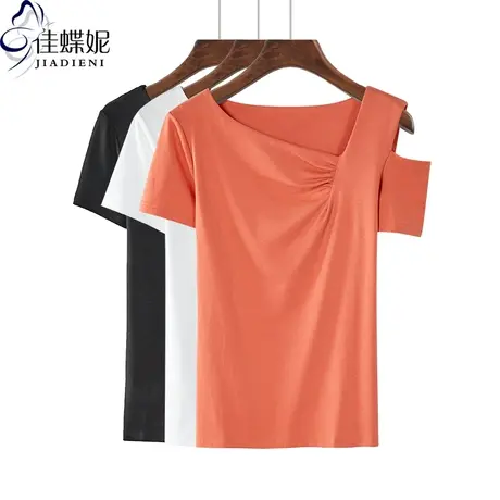 夏季新款韩版纯棉修身褶皱斜领露肩短袖体恤上衣内搭女装纯色T恤图片