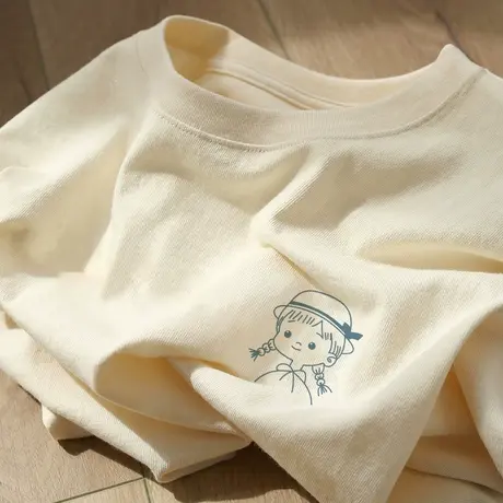 杏色纯棉短袖t恤女夏季半袖宽松圆领设计感小众卡通印花大码上衣商品大图