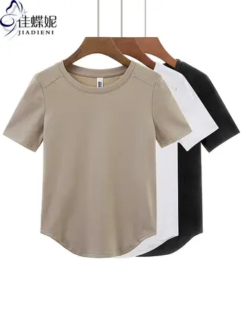 夏季新款韩版圆领宽松休闲纯色纯棉下摆圆弧短袖T恤上衣内搭女装图片