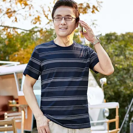 爸爸装2023新款夏季短袖T恤中年男士圆领40-50岁半袖丝光棉体恤衫图片