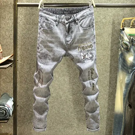 夏季高级灰色牛仔裤男款修身小脚裤欧洲站高端潮牌刺绣长裤子薄款商品大图