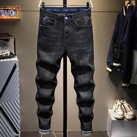 显瘦2021秋冬黑色牛仔裤男修身小脚加厚弹力休闲长裤男春秋款直筒商品大图