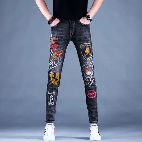 2023新款男士高端印花牛仔裤男秋款男款修身小脚韩版休闲裤子弹力商品大图