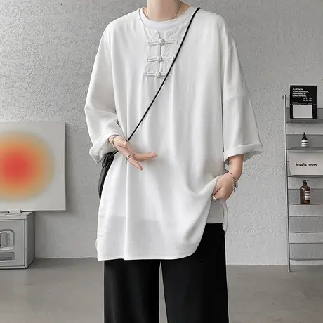 新中式改良唐装男棉麻短袖T恤夏季薄款中国风男装宽松大码七分袖图片