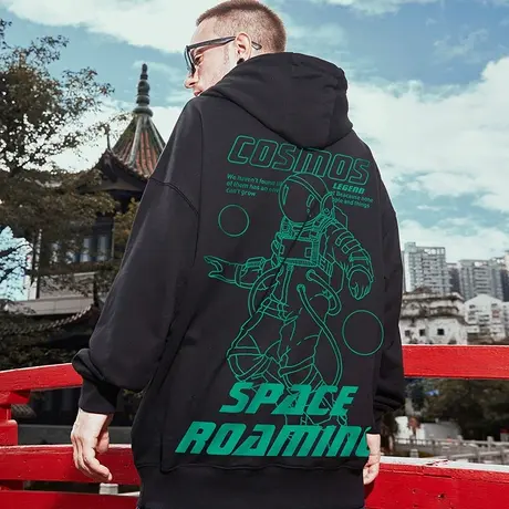 欧美潮牌街头加绒宇航员卫衣男国潮胖子oversize连帽大码男装潮胖商品大图