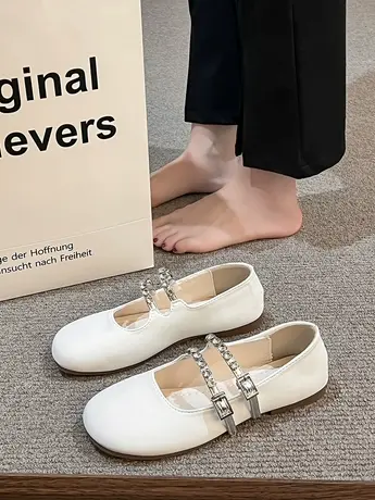 韩版日常浅口圆头纯色女款单鞋2023年夏季新款温柔复古水钻小皮鞋商品大图