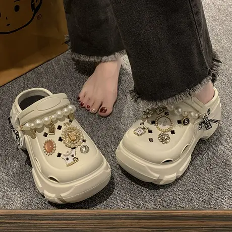 小香风珍珠链洞洞鞋女士气质包头半拖网红厚底增高两穿懒人凉拖鞋商品大图