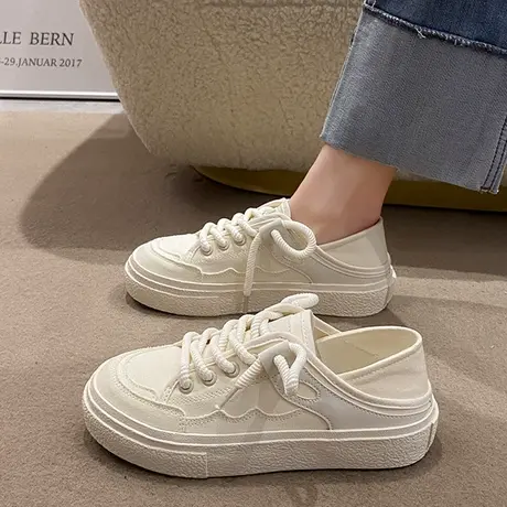 2023夏季新款休闲透气两穿小白鞋女一脚蹬懒人鞋踩脚半拖帆布鞋女商品大图