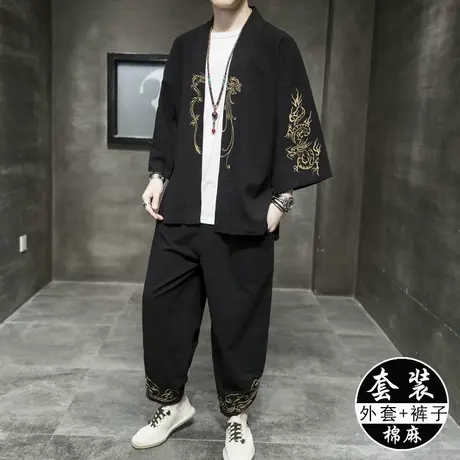 秋季薄款古风刺绣汉服开衫道袍棉麻中国风飞鱼服青年套装男宽松图片