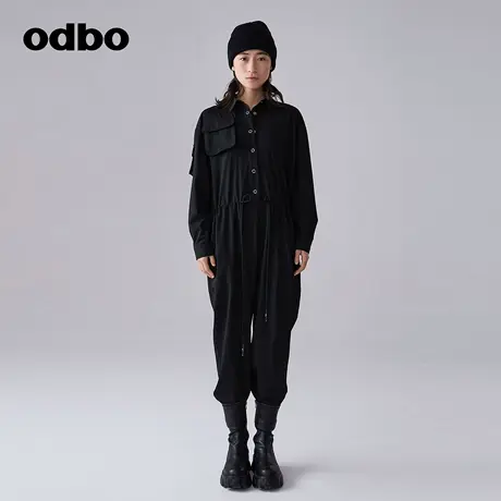 odbo/欧迪比欧时尚抽绳束腰黑色连体裤女春季新款百搭工装长裤子商品大图