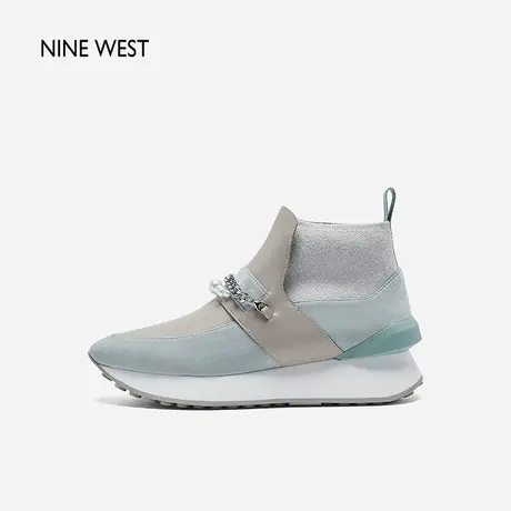 Nine West/玖熙高帮休闲鞋厚春季新款珍珠链条羊皮拼接底阿甘鞋图片