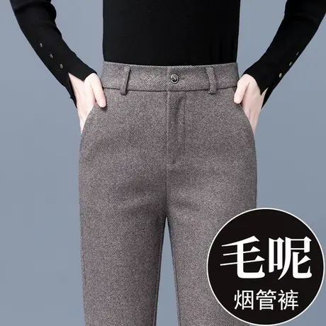 加绒毛呢裤女2023新款高腰哈伦裤小个子显瘦咖色西装直筒烟管裤子商品大图
