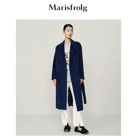 【羊毛】玛丝菲尔春季新款蓝色毛呢外套大衣长款气质商品大图