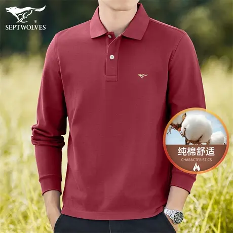 Q七匹狼高级感男装长袖T恤男2023春秋季狼标刺绣中青年爸爸POLO衫商品大图